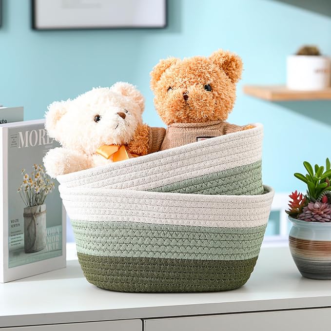 Sawysine 6 Pcs Storage Baskets Bulk for Organizing Cotton Rope Woven Basket with Handles for Gift Cloth Shelves Blanket Toys Living Room(Green and White) - Image 3