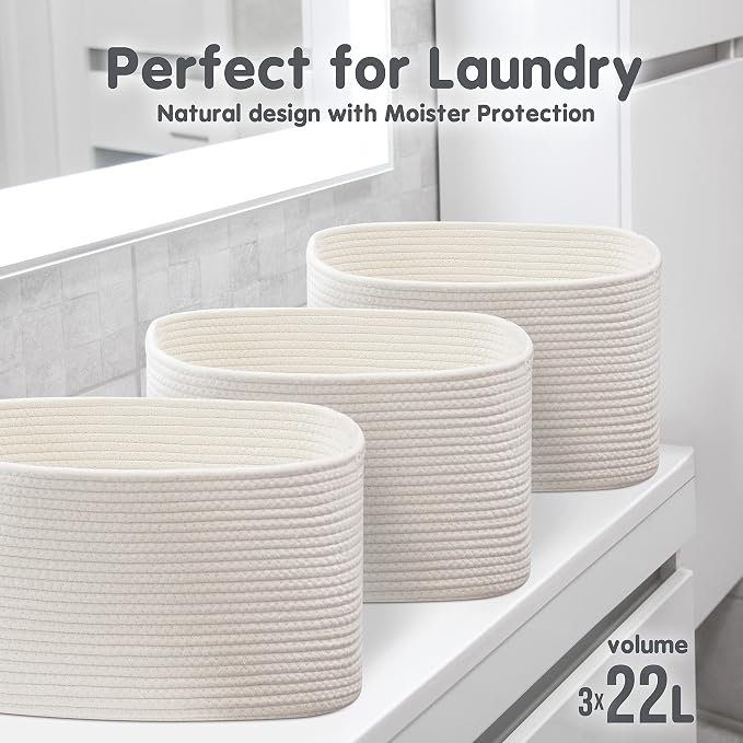 CHAT BLANC Cotton Rope Baskets for Organizing, Shelves, Toys, Storage, Shoe, Bathroom, Laundry, Towel, Nursery, Home Decor, Blanket, Cloth Woven Bins Fabric (Creamy White, 15"x10"x9") - Image 9