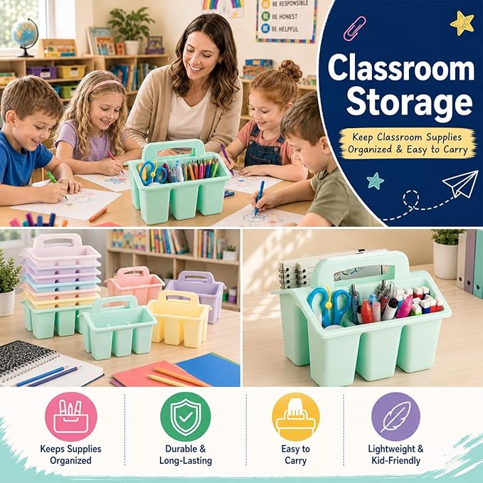 8 Pack Classroom Caddy Storage Basket with Handle 4 Compartment Storage Caddy Plastic Arts Crafts Caddies Protable Classroom Craft Caddies for Kids Schools Art Craft Supplies(Pastel) - Image 6