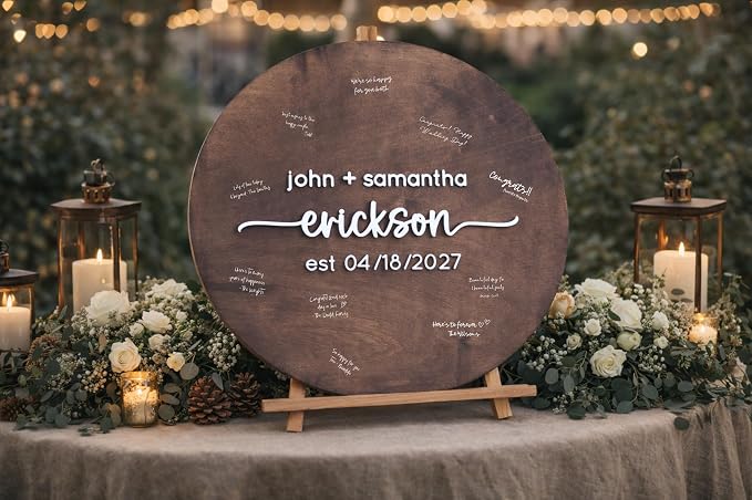Personalized Round Guest Book Alternative Sign, Unique Guest Book Sign, Custom Alternative Guest Book, Wooden Guest Book, Wedding Ceremony Guestbook Sign (Design 7) - Image 2