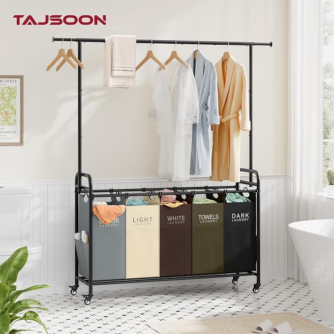 Laundry Sorter Cart with Hanging Rack, 5 Section, 5 Colors | 246L Rolling Laundry Hamper with Lockable Wheels and Removable Bag, Laundry Basket Organizer for Bathroom, Laundry Room - Image 2