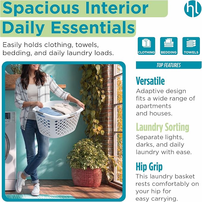 Home Logic 1.75 Bushel Plastic Laundry Basket with Hip Grip, Large Laundry Hamper with Handles, Ventilated Clothes Organizer for Bedroom Bathroom Closet, 4 Pack, White - Image 5