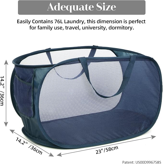 Durable Collapsible Laundry Baskets, Mesh Pop Up Laundry Hamper with Side Pocket, Foldable Clothes Storage Hamper with Reinforced Carry Handles for Laundry, Bathroom, Kids Room, Dorm or Travel Navy - Image 3