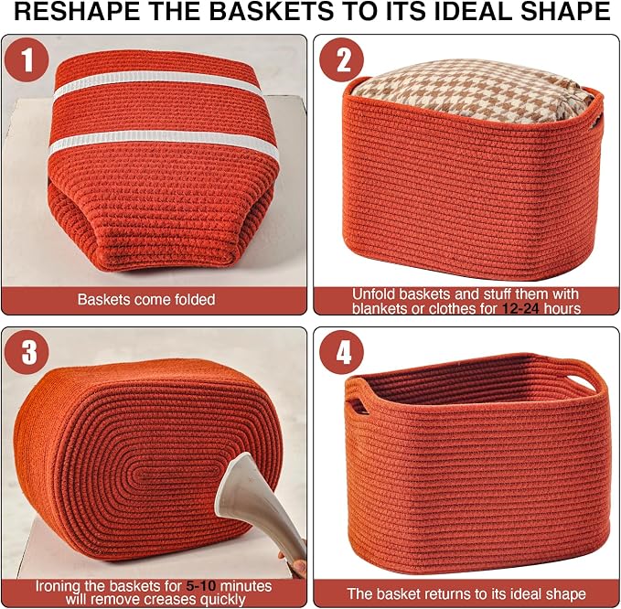 ICERZCZ Storage Baskets for Organizing, Storage Basket for Shelves, Toy Towel Basket for Bathroom Nursery, Woven Cotton Rope Baskets for Decor, 15"x11"x9.5", 3 Packs, Brick Red - Image 7