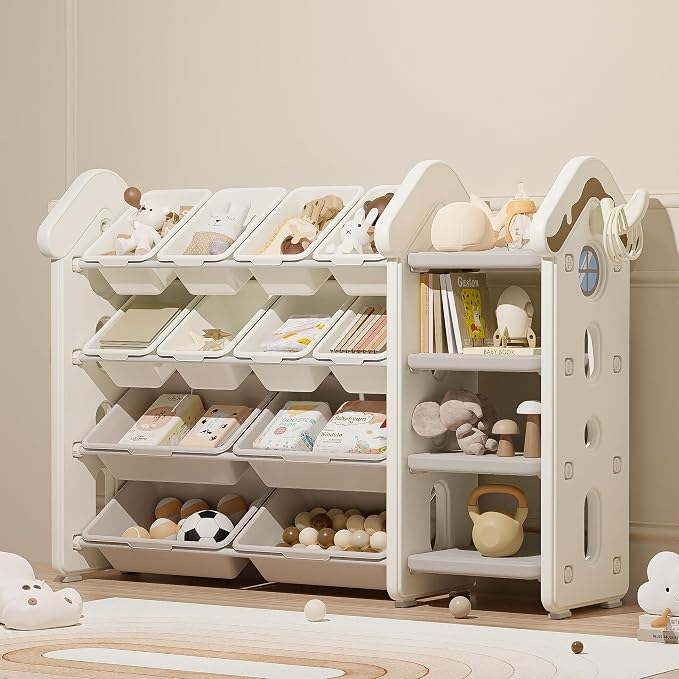 Pipleo Kids Toy Storage Organizer with 12 Removable Bins, Toy Organizers and Storage with 4-Tier Bookshelf for Kids Toy Storage Organizer (Beige) by PIPLEO
