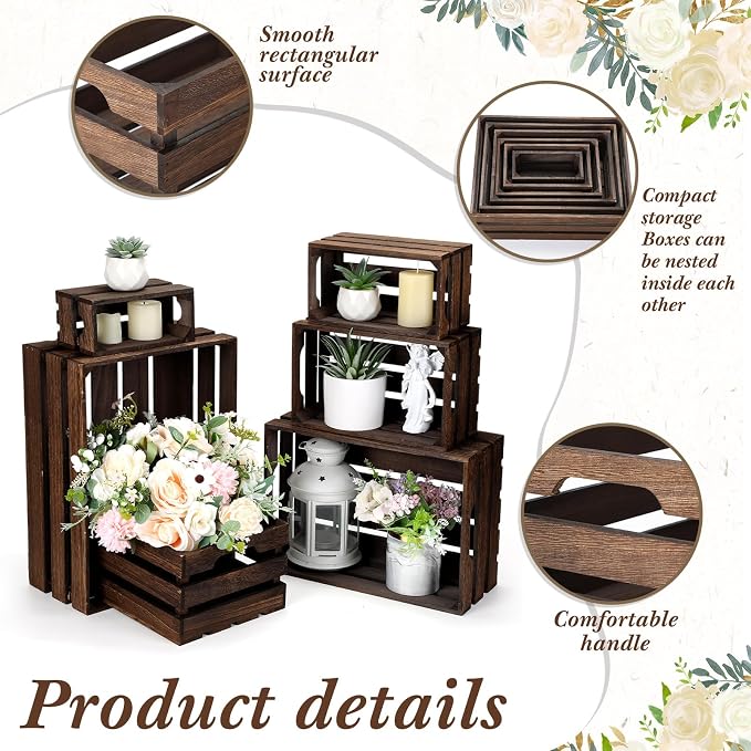 CroBlissful 6 Pcs Decorative Wood Crates for Storage Display Rustic Nesting Crates with Handle Farmhouse Wooden Storage Container Boxes for Wedding Baby Shower Birthday Party(Vintage Dark Brown) - Image 6