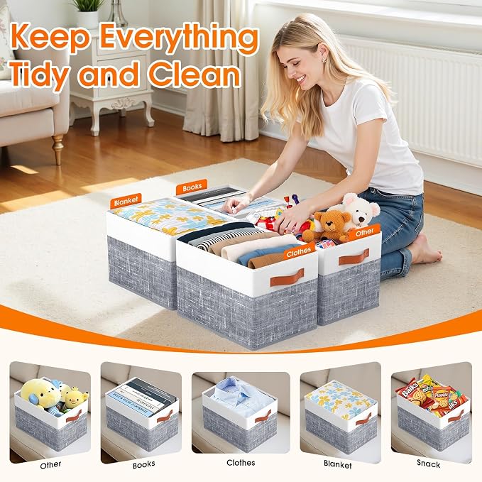 Collapsible Storage Baskets for Shelves,14"x10", 6 Pack Foldable Fabric Storage Bins with Double Leather Handles, Large Baskets for Organizing Books, Clothes, White & Grey - Image 3