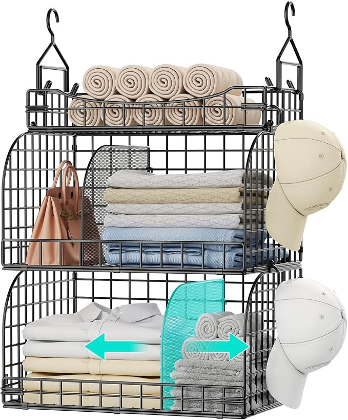 HapiRm Hanging Closet Organizer Storage - 3 Tier Metal Stackable Hanging Closet Shelves with Dividers and S Hooks, Foldable Clothes Shelves for Clothes, Pants, Shoes, Coat, Hats Clutches Accessories by HapiRm