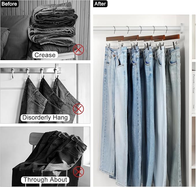 TOPIA HANGER Walnut Wood Pants Hangers, Wooden Skirt Short Jeans Trouser Hanger with Smooth Surface 360° Swivel Hook Anti Rust 2 Adjustable Clips, 20 Pack, CT10PWA20 - Image 4
