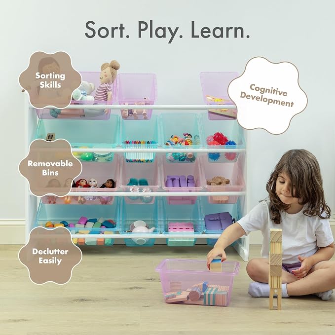 Humble Crew Kids Toy Organizer with 16 Bins, 4 Tier Storage for Playroom | Sturdy wood and steel toddler shelf, removable BPA-free containers, wall anchor anti-tip safety kit for bedroom or classroom - Image 5
