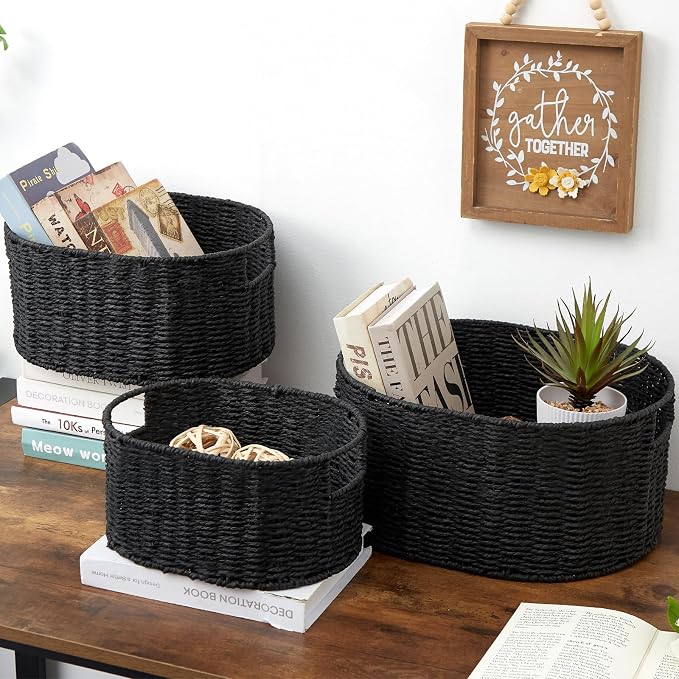 Wicker Basket, Set of 3 Round Storage Baskets for Organizing, Woven Paper Rope Wicker Storage Basket with Handles, Black Cube Storage Organizer Bins Baskets for Shelves & Decor, Black - Image 6