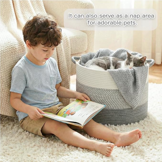 Artfeel 100L Large Cotton Rope Basket, Decorative Woven Blanket Storage for Living Room, Boho Toy Storage & Toy Box for Kids, Versatile Laundry Basket & Nursery Hamper for Blankets(Grey) - Image 3
