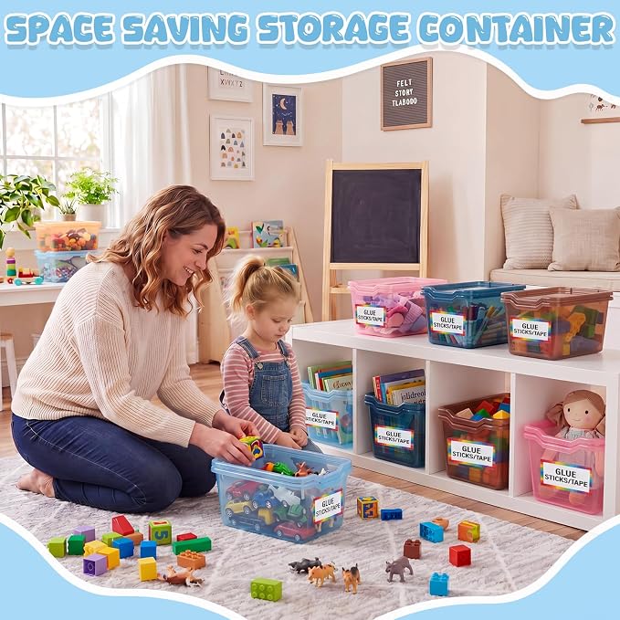 Funrous 48 Pack Plastic Cubby Bins for Classroom, Stackable Storage Bins with Rainbow Labels and Handles Cubby Organizer Containers for Teacher Supplies Home Office Daycare and Playroom (Blue) - Image 4