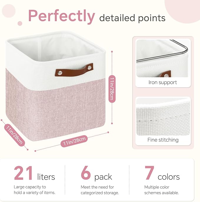 FinishingBo 11 inch Cube Storage Bin 6 Pack, Cube Organizer Bins | Fabric Storage Bins With Handles, 11x11 Storage Cubes, Shelf Basket, White Pink - Image 4