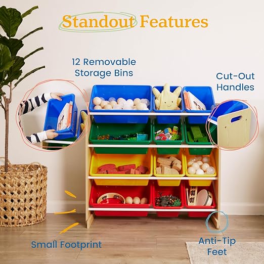 ECR4Kids 4-Tier Organizer with 12 Removable Plastic Bins, 4x3, Toy Storage, Natural/Primary | Durable plastic bins, MDF panels, steel frame, GREENGUARD Gold Certified, 48 lb capacity, anti-tip kit, playroom/classroom - Image 6
