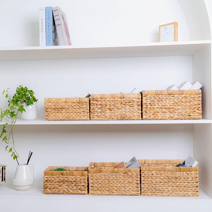 M4DECOR Set of 6 Rectangular Wicker Storage Baskets for Shelves | Water Hyacinth Storage Baskets, Pantry Baskets for Organizing, Handwoven Wicker Baskets for Storage - Image 3
