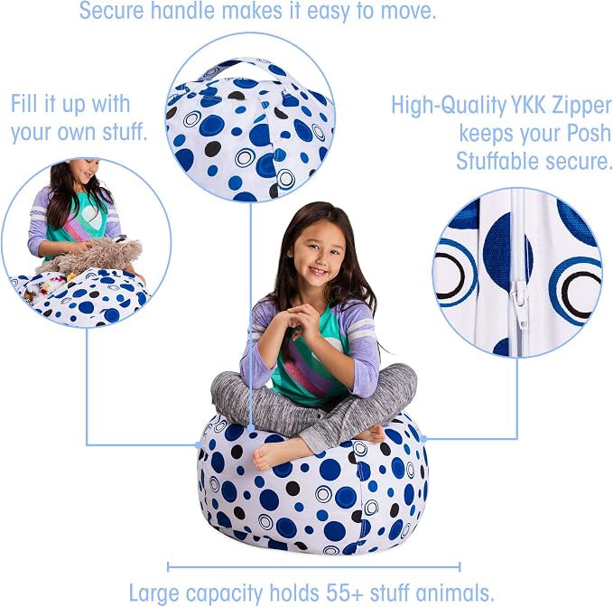 Posh Stuffable Kids Stuffed Animal Storage Bean Bag Chair Cover - Childrens Toy Organizer, Medium 27" - Canvas Bubbles Blue and White - Image 2