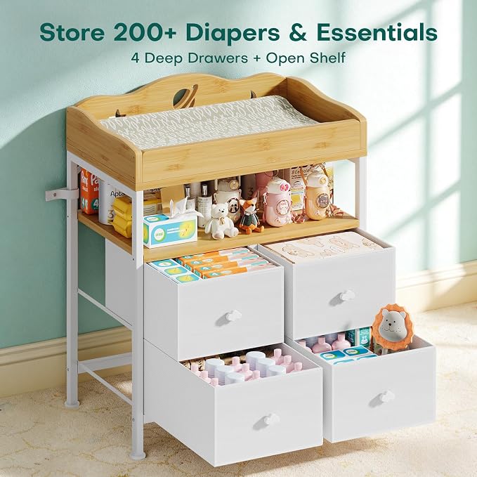 POKIPO Bamboo Changing Table Dresser with Sturdy Metal Frame, 4 Fabric Drawers, 3-in-1 Baby Dresser with Changing Table Top, Diaper Changing Station and Storage Organizer for Modern Nursery - Image 4