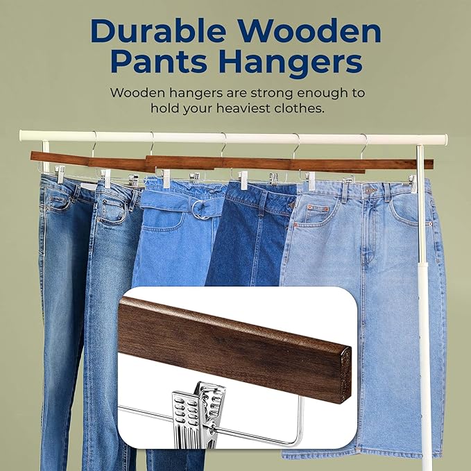 SereneLife 20 Pack Wooden Pants Hangers with 2 Adjustable Clips, 14 Inch Wood Skirt Hangers, Trousers Bottom Hanger with Non-Slip Clips and 360° Swivel Hook, Heavy Duty & Anti Slip (Brown) - Image 3