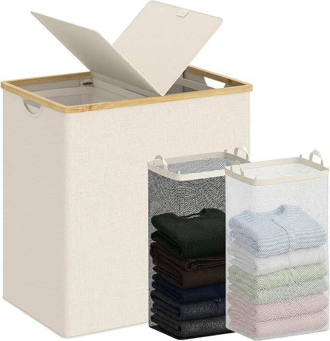 efluky Laundry Hamper with Lid, Double Laundry Basket with 2 Removable Bags, 2 Section Laundry Bin with Bamboo Handles for Bathroom, Bedroom & Laundry Room, 140L (36.9 Gallon) Beige by efluky