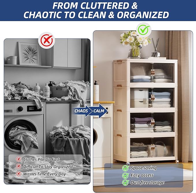 SAILUN 464Qt Stackable Storage Bins,Storage Cabinet a Lid,4Pack Blush White | Stackable Storage Drawers with Lids,26" W x 17" D x 56.7" H,Featuring open-front Access for Clothes and Closet Storage - Image 2