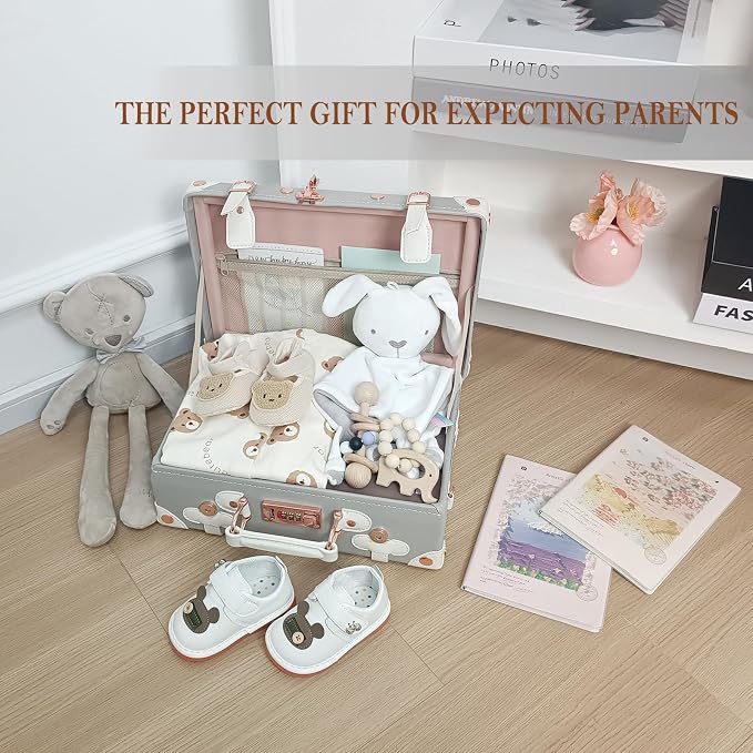 Unitravel Baby Keepsake Case, 13" Handmade Memory Storage Box, Newborn Keepsake Box, Vintage Suitcase for Baby Shower, Baptism, Naming Ceremony or Birthday (grey) - Image 3