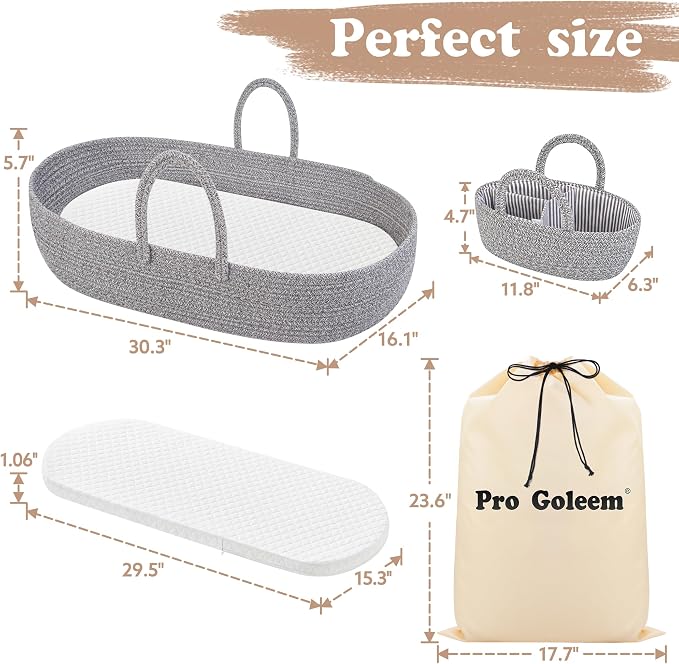 Pro Goleem Baby Diaper Changing Basket, Portable Easy to Clean Moses Basket for Newborn Babies with 1 Foam Pad 2 Waterproof Pad Covers and 1 Diaper Caddy Organizer - Image 3