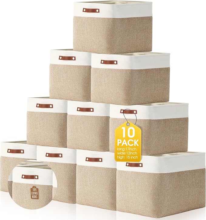 Uiifan 10 Pcs Collapsible Storage Bins Fabric Foldable Storage Basket with Handles Cloth Organizer Linen Shelf Baskets for Shelves Home Closet Nursery Toys(17 x 15 x 12 Inch,Beige and White) by Uiifan
