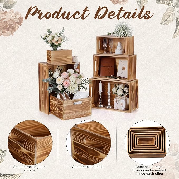 AceOrbit Set of 6 Rustic Wood Crates, Nesting Storage Boxes,Light Brown | Distressed Wooden Containers with Cutout Handles, Vintage Farmhouse Wedding Party Decor, Decorative Baskets for Supplies - Image 4
