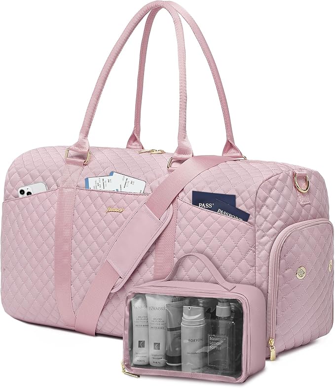 Women Weekender Travel Duffle Bag: Travel Duffel Overnight Bags with Shoe Compartment Large Carry on Tote with Toiletry Bag Weekend Traveling Yoga Gym Hospital Bag for Women with Wet Pocket Pink by FOCDOD