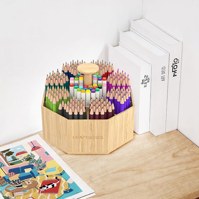 CraftGenes Bamboo Rotating Pen Organizer for Desk with 10 Compartments | Desk organizer, smooth spin, marker organizer, pencil holder, art supply organizer, carry handle, classroom, craft room - Image 7