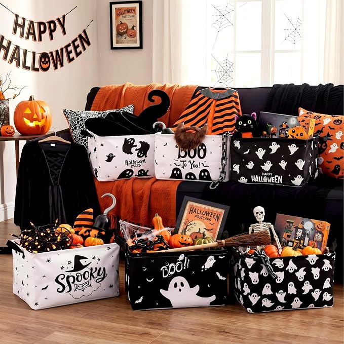 CHENGU 6 Pack Halloween Storage Basket Ghost Gift Basket for Holiday Decor Collapsible Shelf Baskets Cube with Handle for Home Office Bedroom Dorm Closet Shelf - Image 4