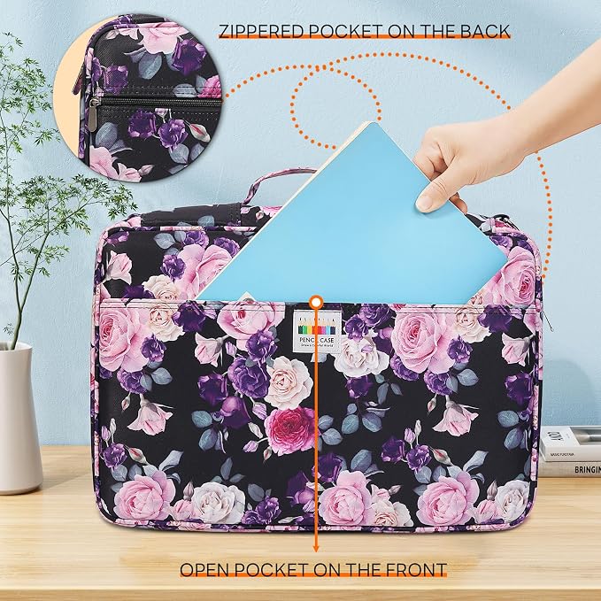 JAKAGO 480 Slots Colored Pencil Case Extra Large Capacity Pen Holder for Artist Painter Zipper Organizer Bag for Marker Highlighter Storage Case for Office Sketch Travel Supplies (Purple Rose) - Image 4