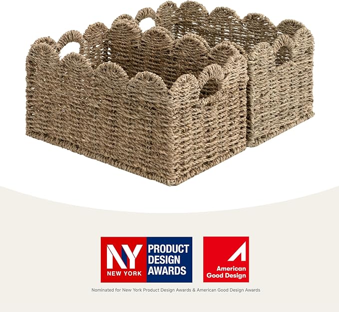 StorageWorks Wicker Storage Baskets for Shelves, Woven Basket for Nursery | Scalloped Wicker Basket for Living Room, Decorative Scalloped Baskets for Storage, Wicker Baskets for Organizing and Decor - Image 2