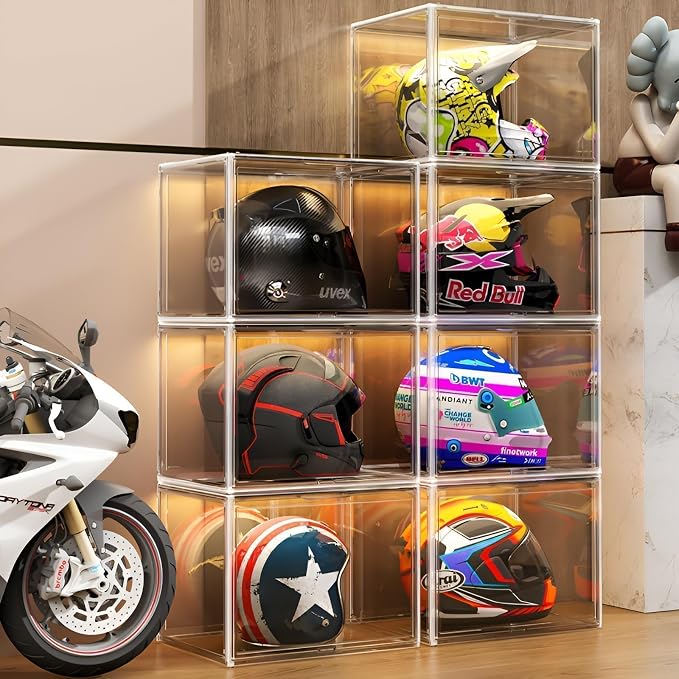 GUDEMAY Large Clear Stackable Plastic Storage Bins with Door, Dustproof Figures Collectibles Display Case, Football & Motorcycle Helmet Showcase, Basketball, Memorabilia Organizer Box (XL, Count, 1) - Image 5