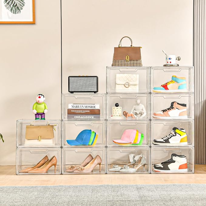 Clemate 5 Pack Clear Stackable Shoe Organizer Box with Lids, Acrylic Shoes Box with Magnetic Doors, Transparent Shoe Bins Closet Organizer, Fit up to US Size16, Containers for household or kitchen use - Image 5