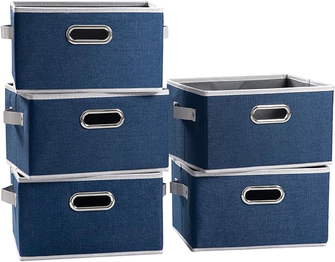 Large Collapsible Storage Baskets for Closet [5-pack] Decorative Fabric Storage Bins Cubes with Leather/Metal Handles for Shelves Bedroom Living Room Royal Blue (14.9x9.8x8.3 Inch) by Prandom