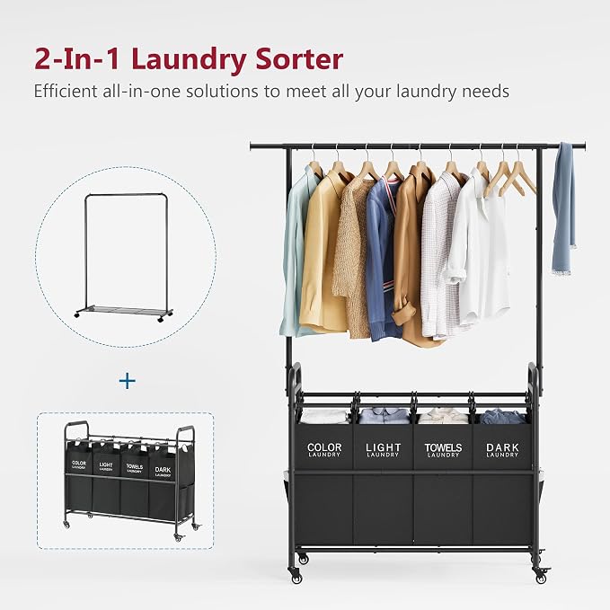 Laundry Sorter with Hanging Bar, 4 Section Laundry Hamper, Black | 52 Gal Laundry Cart with Hanging Rack and Removable Bags, Rolling Laundry Hamper Cart for Laundry Room, Bathroom, Bedroom - Image 3