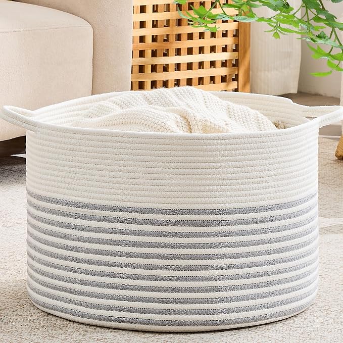 KAKAMAY Large Blanket Basket with Handles, Storage Basket for Living Room | Extra Large Capacity | Natural Cotton Rope | Blanket Storage | Woven Storage Basket | Stuffed Animal Storage | Laundry Basket by KAKAMAY