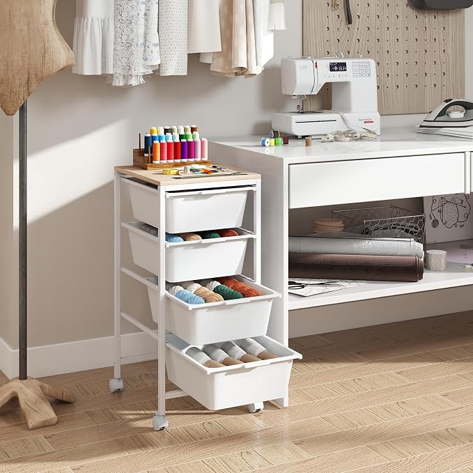 Giantex Rolling Storage Cart with 4 Drawers, Utility Cart w/Wooden Tabletop, Lockable Wheels, Multipurpose Organizer for Art Craft Scrapbook Paper, Drawer Carts for Dorm Classroom Office, White - Image 8