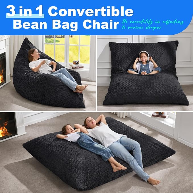 Hobestluk Adult Bean Bag Chair 3 in 1 Convertible Large Bean Bag Sofa | Chevron Plush Black,Machine Washable,Removable Cover,Easy Convert And Install, Floor Bed,For Livingroom Bedroom - Image 4