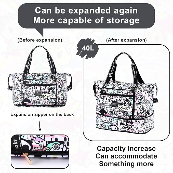 Tokidoki Unicorno Foldable Duffle Bag for Travel, 40L Expandable Weekender Bags with Trolley Sleeve Overnight Bags for Travelling (White) - Image 3
