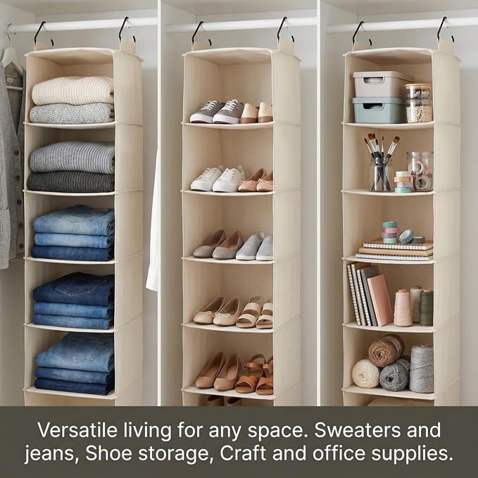 Household Essentials Cedarline 6‑Shelf Hanging Closet Organizer in Heavy‑Duty Cotton Canvas, Cream - Image 5