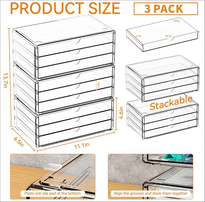 11.1 Inch Long Clear Drawer Organizers Stackable,3 Pack Small Acrylic Drawers,School,Office Supplies Organizer And Storage Bins for Stationery,Marker,Pen,Pencil,Craft Desktop Storage Drawers - Image 3