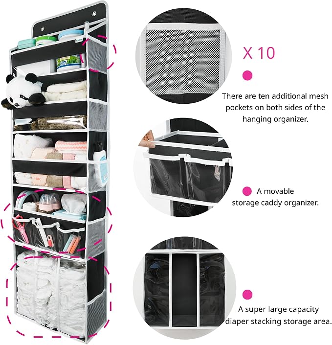 Door Hanging Storage Organizer,with 3 Bins 1 Movable Baby Diaper Caddy,1 Large capacity diaper stacking storage Organizer,10 Side Pockets ,Bedroom Door Storage for Nursery Baby Essentials. (Dark grey) - Image 4