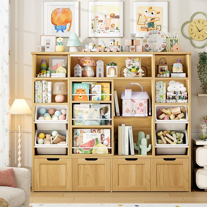 Toy Storage with Sliding Bookshelf, Toy Organizer with 4 Bins | 55.1’’ W Large Toy Storage Organizer Kids Bookshelf with 4 Movable Drawers, Toy Bins Playroom Storage for Kid Room, Natural - Image 5