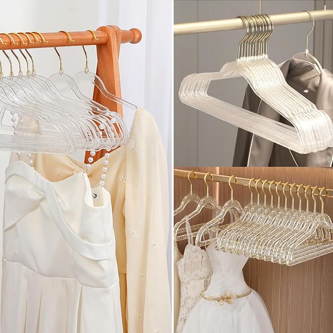 VSV stoage Clear Clothes Hangers 16", 40 Pack Plastic Coat Hanger for Adult Closet, Bling Thin Hangers with Swivel Gold Hook, Notched Shoulders Perchas - Clothing Rack for Bridesmaid Dresses - Image 9