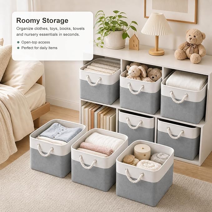 11x11 Inch Cube Storage Bins, 6 Pack Collapsible Fabric Storage Cubes with Rope Handles, Waterproof Foldable Storage Baskets for Cube Shelves, Closet, Clothes, Toys, Books, White & Gray - Image 2