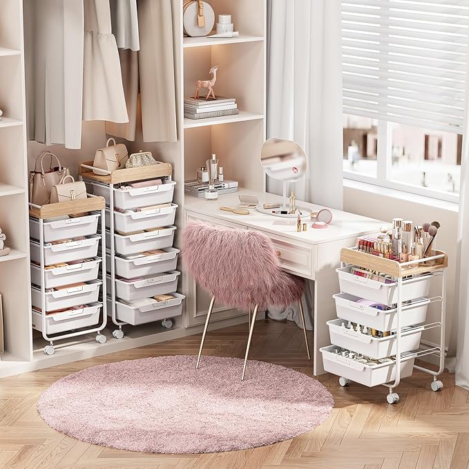 SYKIARIOL Rolling Cart with 5 Drawers,Art Craft Cart,White | Storage Utility Cart with Wheels,Makeup Organizer With Wooden Tabletop - Image 6