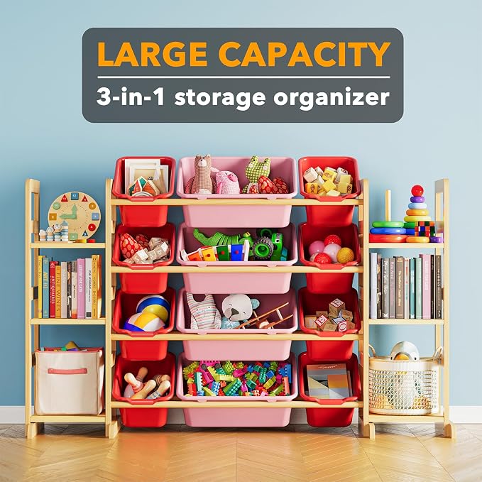 SpaceAid Toy Storage Organizer with 6 Shelves and 12 Bins, Toy Organizers Storage Bookshelf, Kids Bin Shelf Toys Box Bookcase for Bedroom Playroom Organization Room Decor, Red and Pink - Image 3